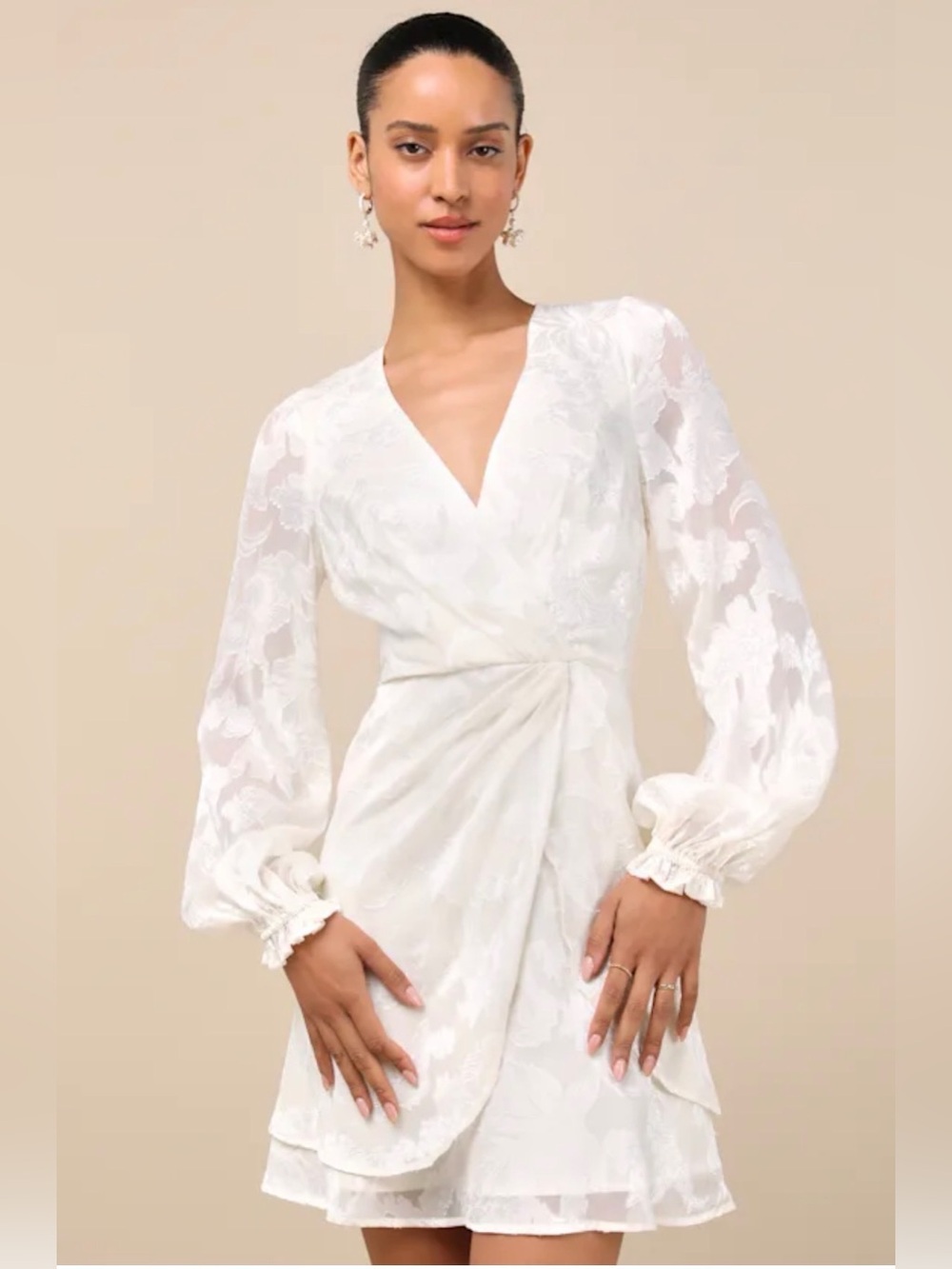 Lulu's Callias Ivory Burnout Floral Jacquard Long Sleeve Mini Dress 2/28